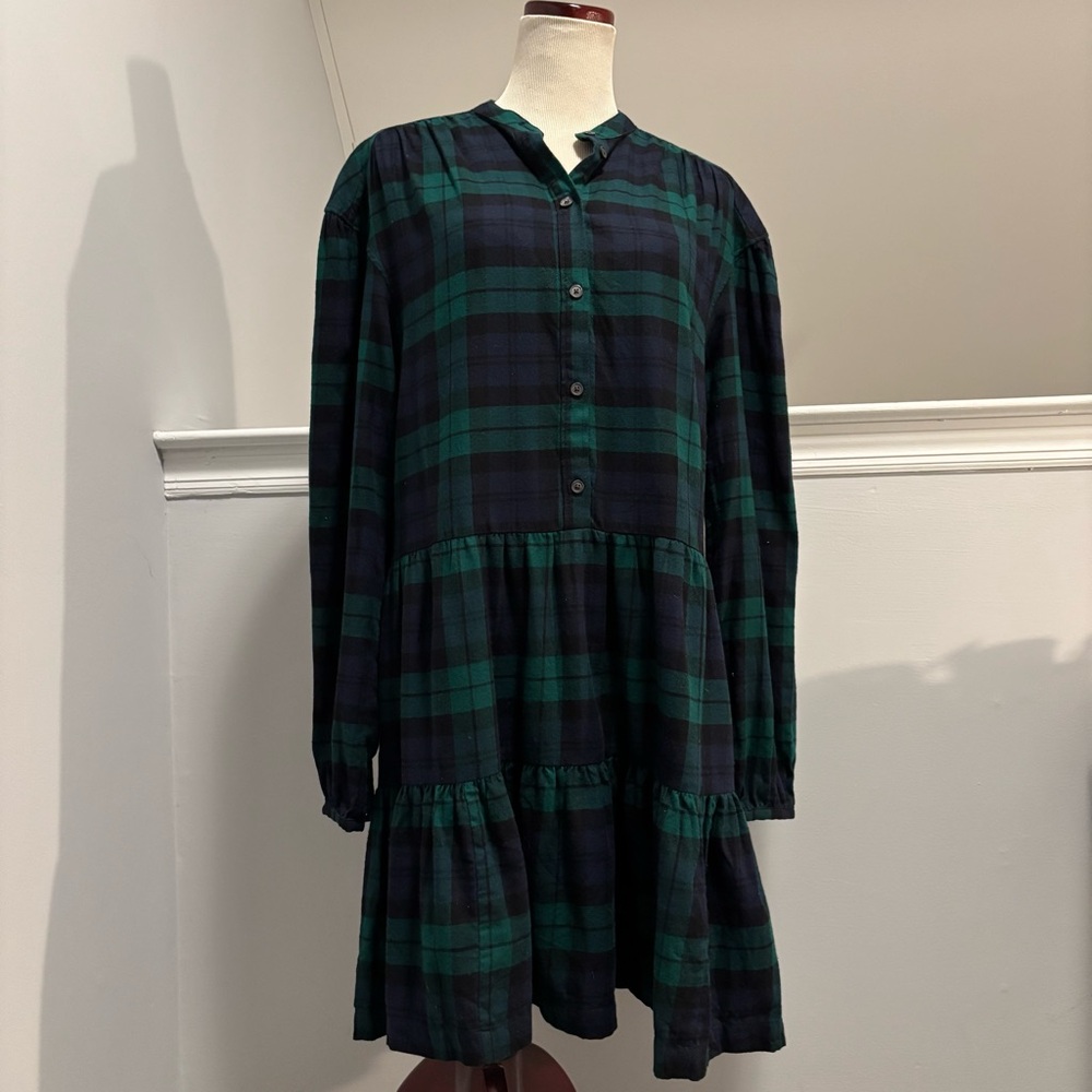 GAP Tiered Flannel Mini Shirtdress in Blackwatch - Picture 2 of 6